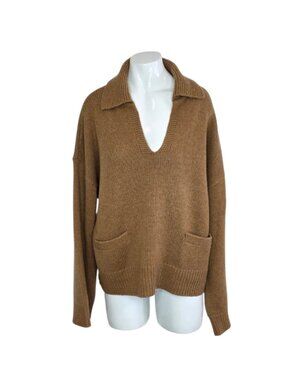 Rag & Bone Danica Wool Cashmere V-Neck Polo Sweater, Knit, Brown, Preppy, Size L